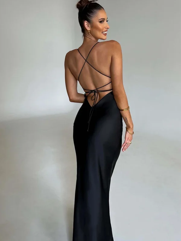 Articat Satin Backless Lace Up Mermaid Slip Dress Women Sweetheart Neck Sexy Slim Bodycon Dresses Elegant Silk Gown Partywear