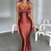 Articat Satin Backless Lace Up Mermaid Slip Dress Women Sweetheart Neck Sexy Slim Bodycon Dresses Elegant Silk Gown Partywear