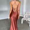 Articat Satin Backless Lace Up Mermaid Slip Dress Women Sweetheart Neck Sexy Slim Bodycon Dresses Elegant Silk Gown Partywear