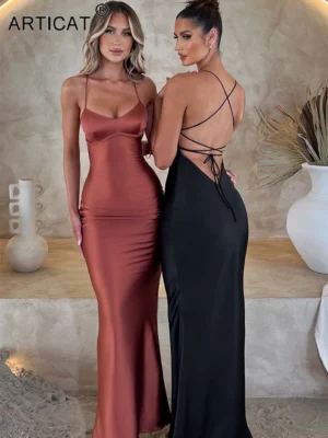 Articat Satin Backless Lace Up Mermaid Slip Dress Women Sweetheart Neck Sexy Slim Bodycon Dresses Elegant Silk Gown Partywear