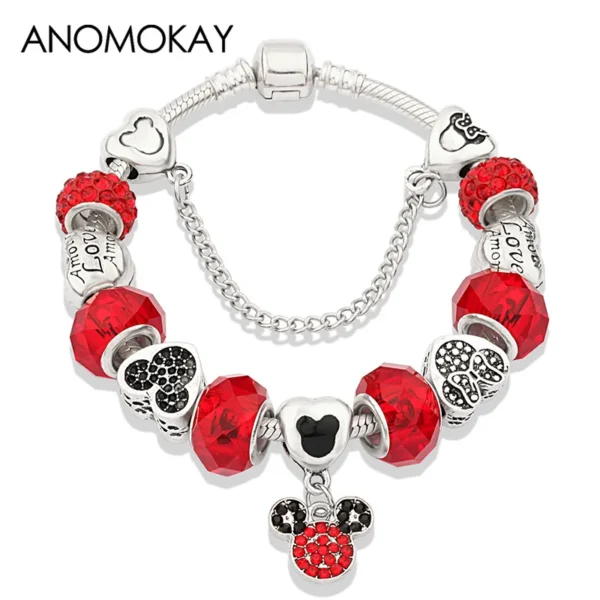 Cute Pink Crystal Disney Mickey Minnie Charm Bracelet Silver Color Heart Bead Bracelet for Women Girl Fashion Jewelry Gift