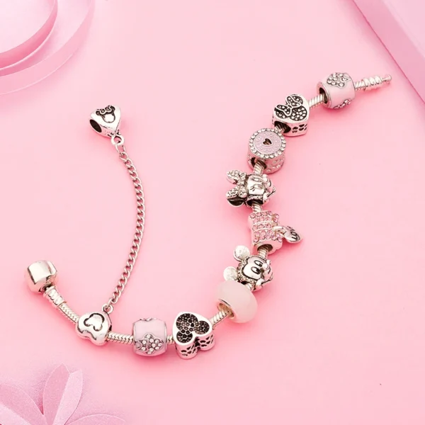 Cute Pink Crystal Disney Mickey Minnie Charm Bracelet Silver Color Heart Bead Bracelet for Women Girl Fashion Jewelry Gift