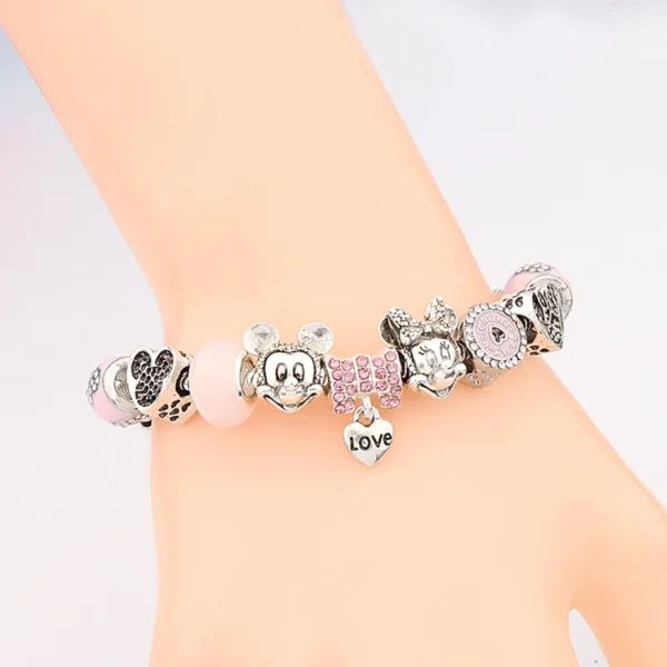 Cute Pink Crystal Disney Mickey Minnie Charm Bracelet Silver Color Heart Bead Bracelet for Women Girl Fashion Jewelry Gift