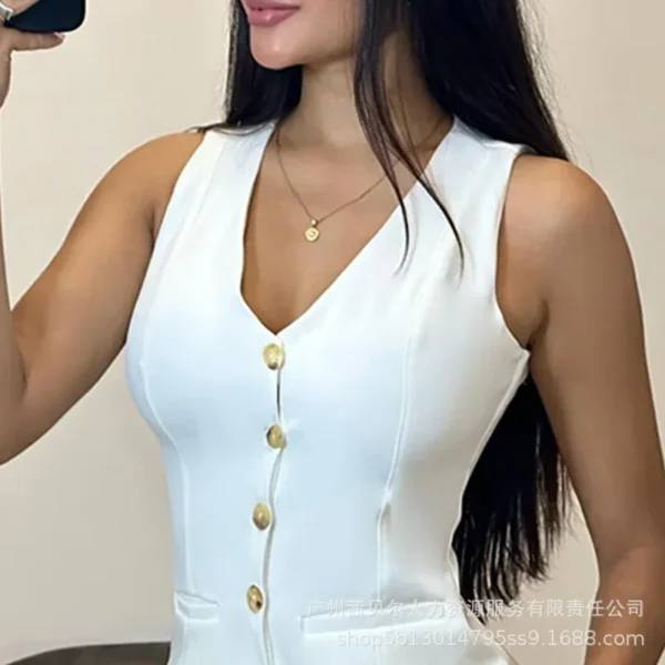 White Sleeveless Slim Fit Vest & Shorts Suit 2-Piece Set Women Clothes Summer Single Breasted Button Tank Top Shorts