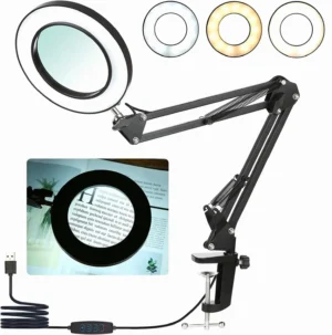 5X Illuminated Magnifier with Clamp ,USB 3 Colors LED Magnifying Glass for Soldering Iron Repair/Table Lamp/Skincare Beauty Tool