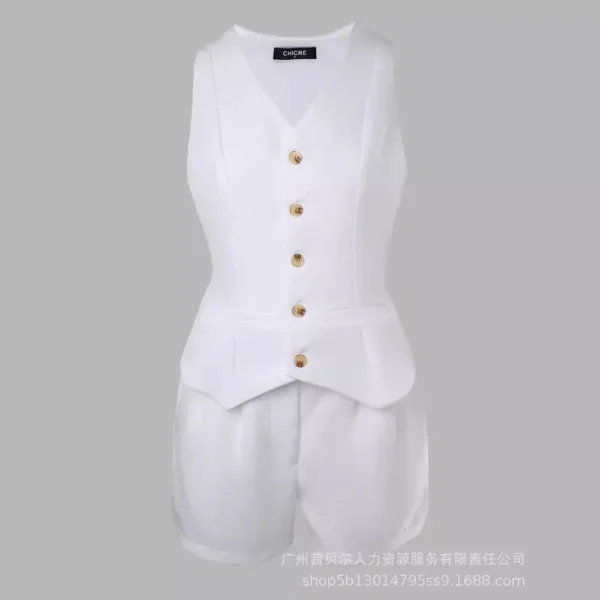 White Sleeveless Slim Fit Vest & Shorts Suit 2-Piece Set Women Clothes Summer Single Breasted Button Tank Top Shorts