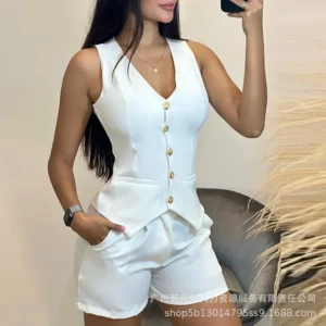 White Sleeveless Slim Fit Vest & Shorts Suit 2-Piece Set Women Clothes Summer Single Breasted Button Tank Top Shorts