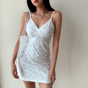 Floral Dress Women y2k Vintage V-Neck Straps Mini Dress Slim Sleeveless Backless Dresses Sexy Spaghetti Strap Mini Dress