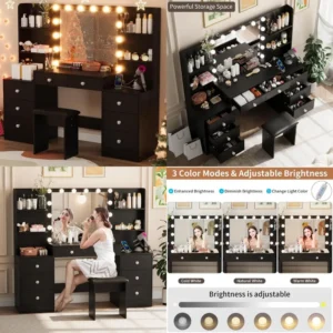 illuminated makeup vanity desk with 8 drawers, 6 shelves, power outlet, and stool