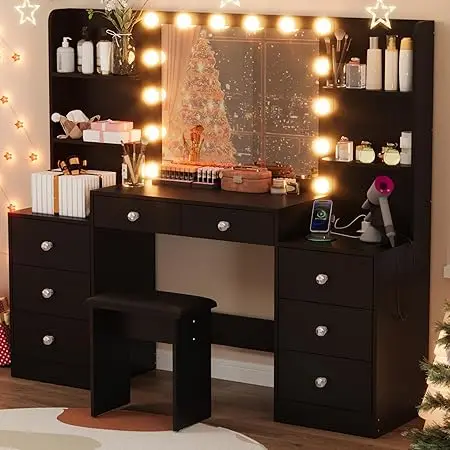 illuminated makeup vanity desk with 8 drawers, 6 shelves, power outlet, and stool
